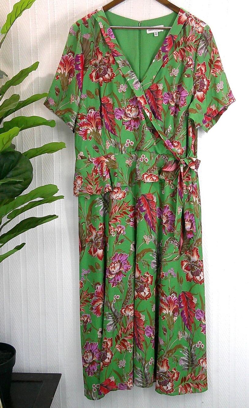Gibson Latimer Green Floral Peplum Midi Faux Wrap V-Neck Dress Women's XL